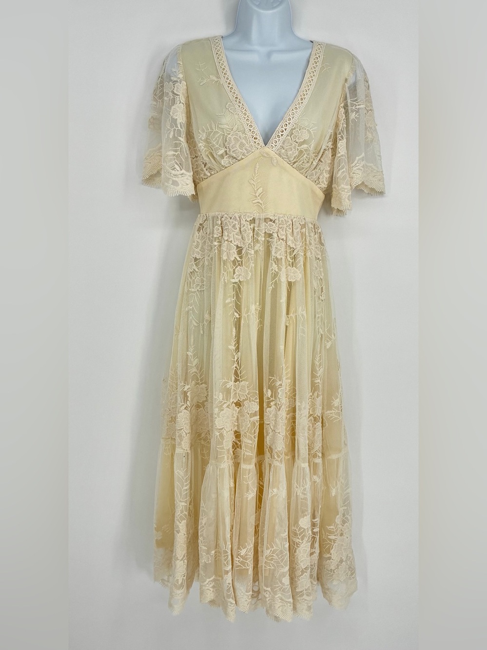 Baltic Born Clarisa Lace Midi Dress Vintage Cream Boho Wedding Guest XS